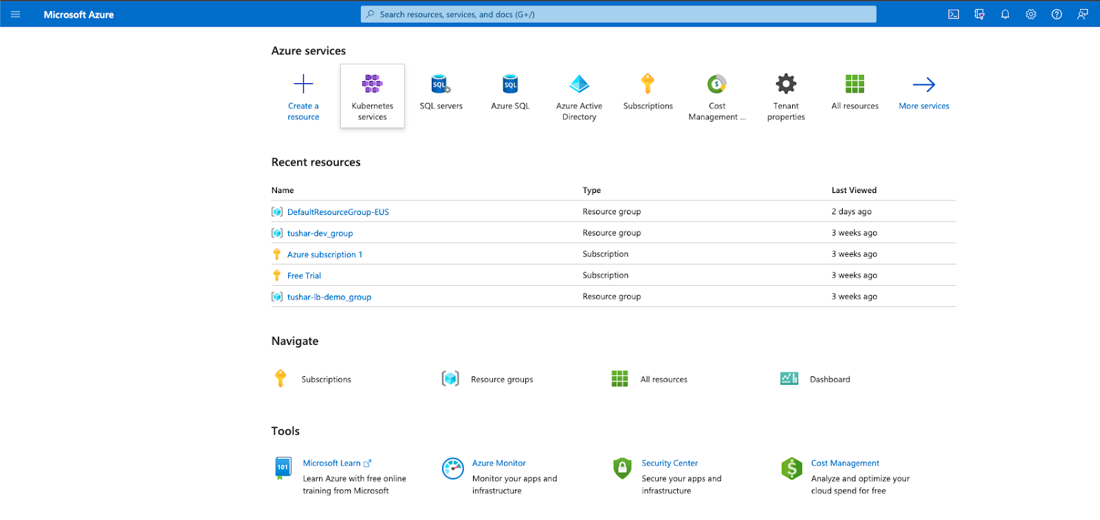 Figure 1. Microsoft Azure Portal - Kubernetes Services

