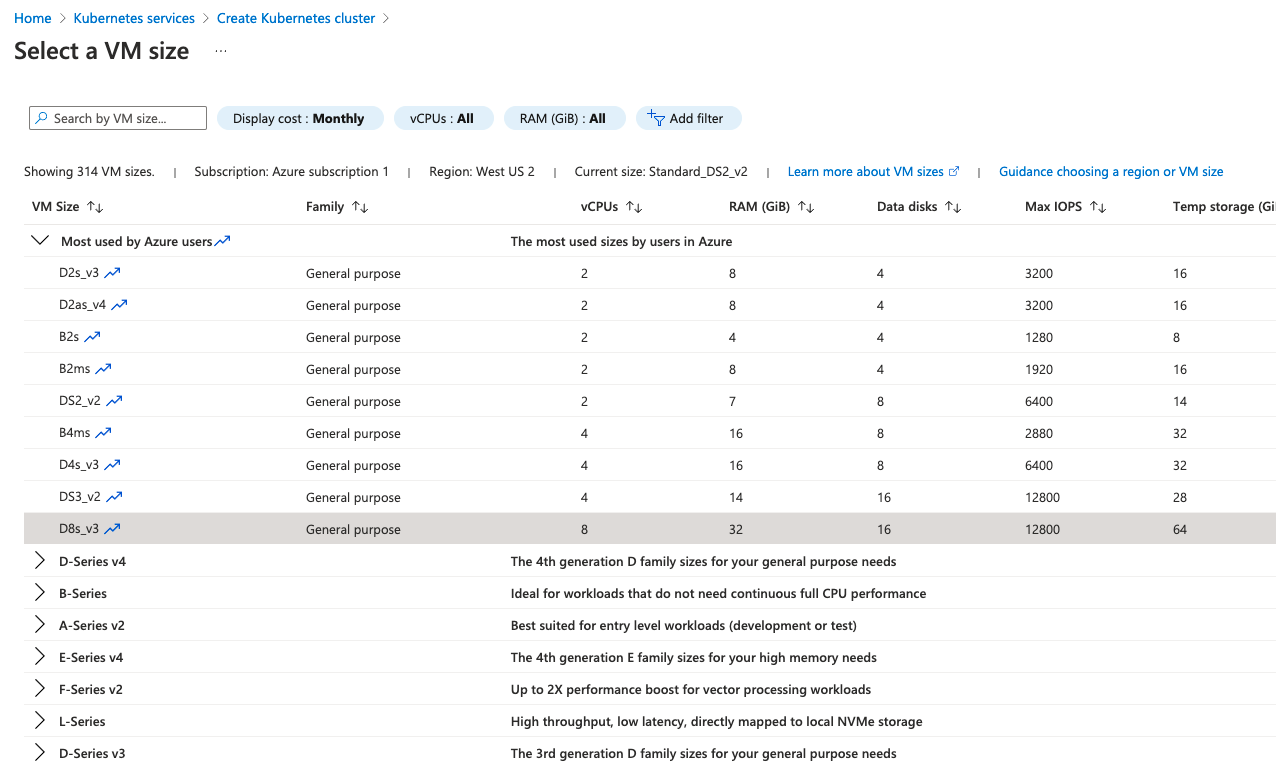 Figure 4. Select a VM size